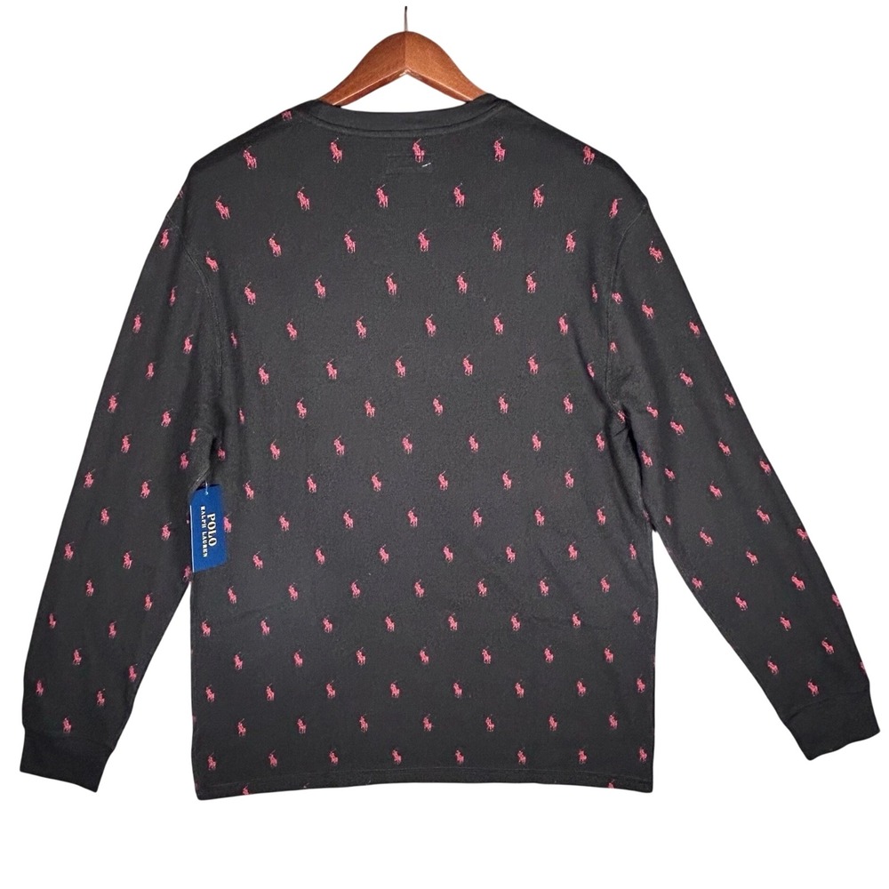 Polo Ralph Lauren Mens Black Red Pony All Over Print Waffle Sleep Shirt L PW25HR